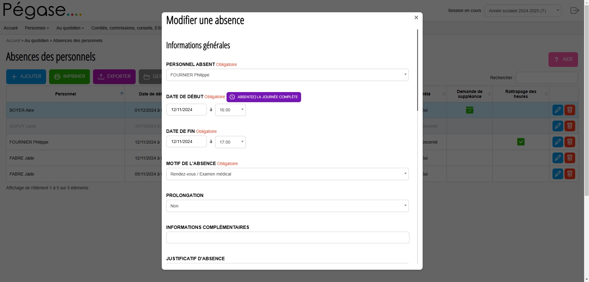 Absences des personnels